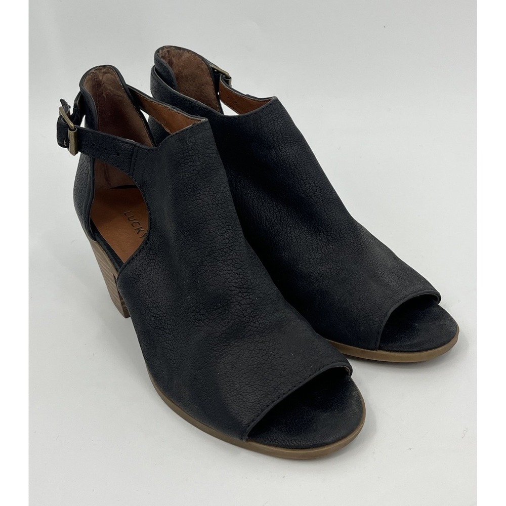 Lucky Brand Pebble Leather Open Toe Stacked Heels Womens Size 7 Black
